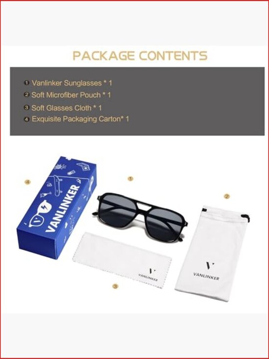 Retro Square Aviator Sunglasses with UV Protection, Microfiber Pouch & Box main image 6